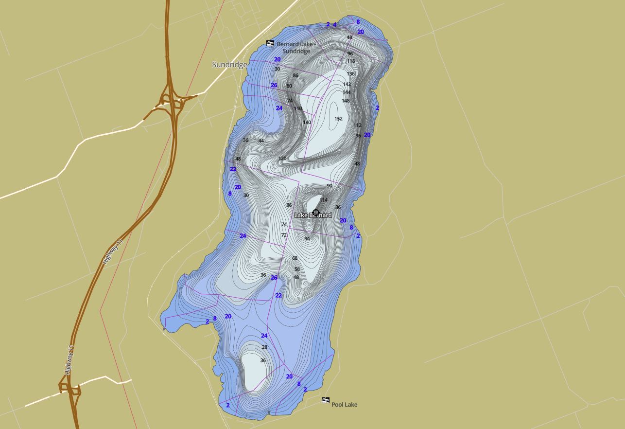 Contour Map of Bernard Lake in Municipality of Strong and the District of Parry Sound